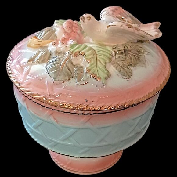 Majolica 3D Candy Dish Birds Floral Handpainted Porcelain Betson Colorful Shabby - Picture 11 of 16